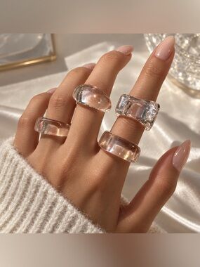 Clear Chunky Resin Ring Set | Transparent Geometric Statement Rings | New | 7